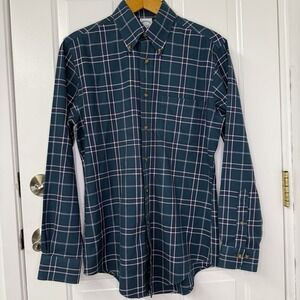 Brooks Brothers‎ Regent Mens Teal Blue Plaid Flannel Button Down Shirt Sz Small